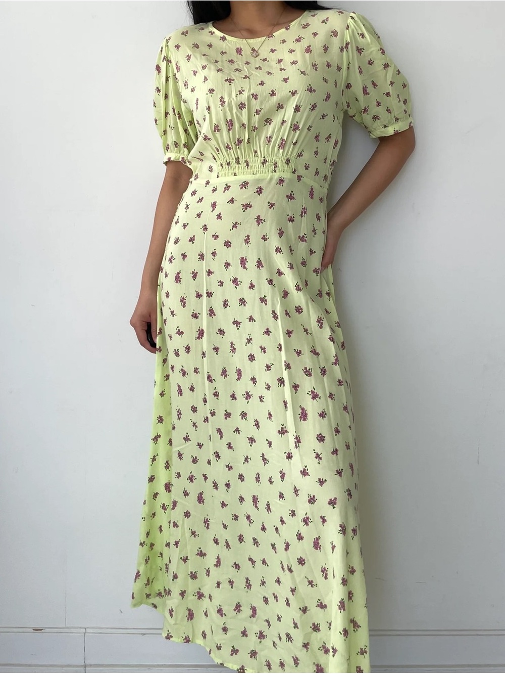 FAITHFULL Green Midi Dress Puff Sleeve